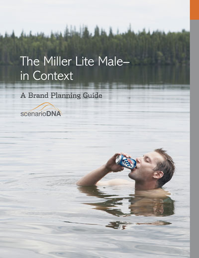 Cover and single page from a 40-page visual guide of research on Miller Lite Beer